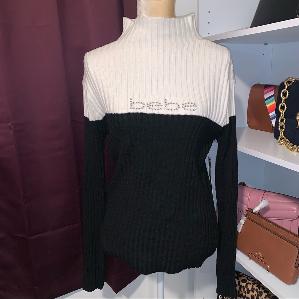 NWT Bebe Ribbed Rhinestone Bling Long Sleeve Mock Neck Sweater